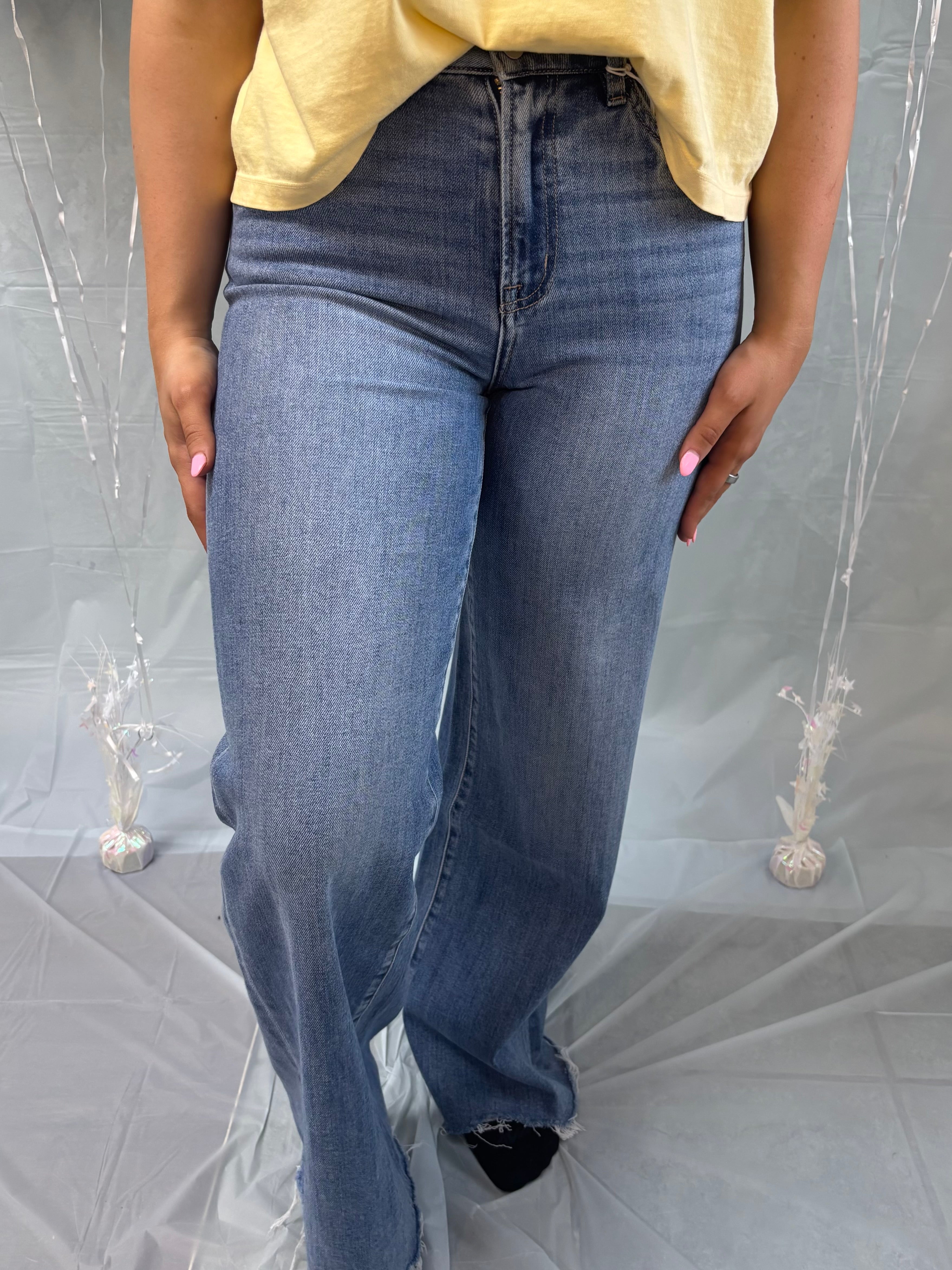 Flying Monkey- HW Raw Hem Wide Leg Jeans