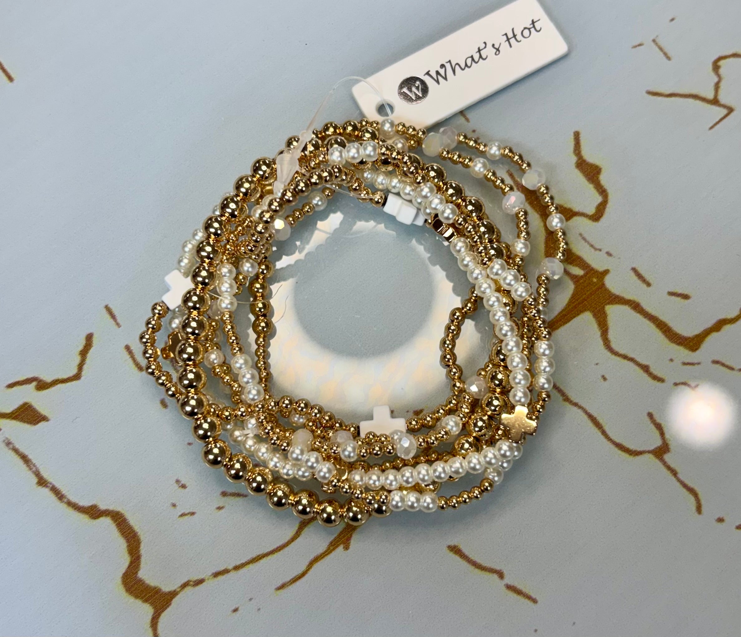 Pearl and Gold Set of 7 Stretch Bracelet