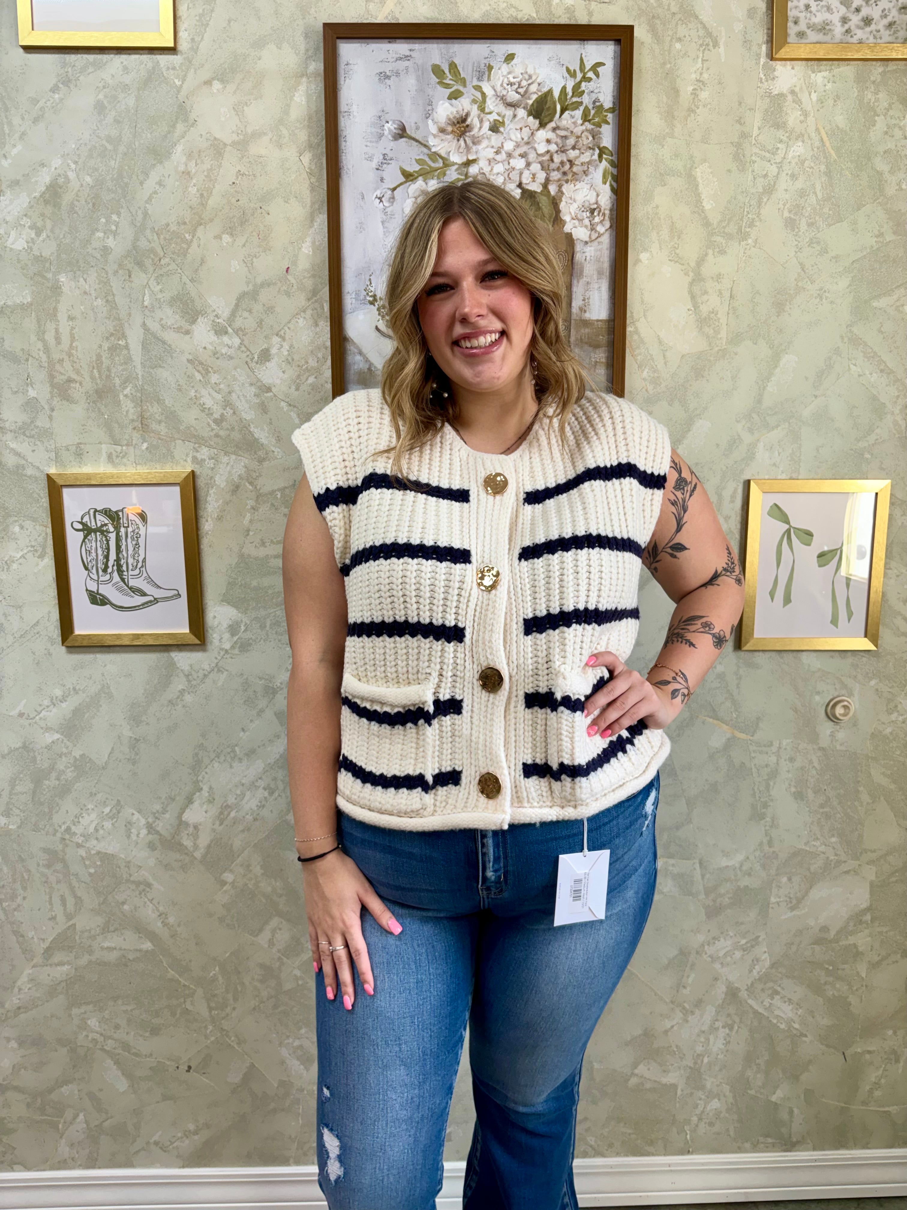 Button Striped Knit Vest