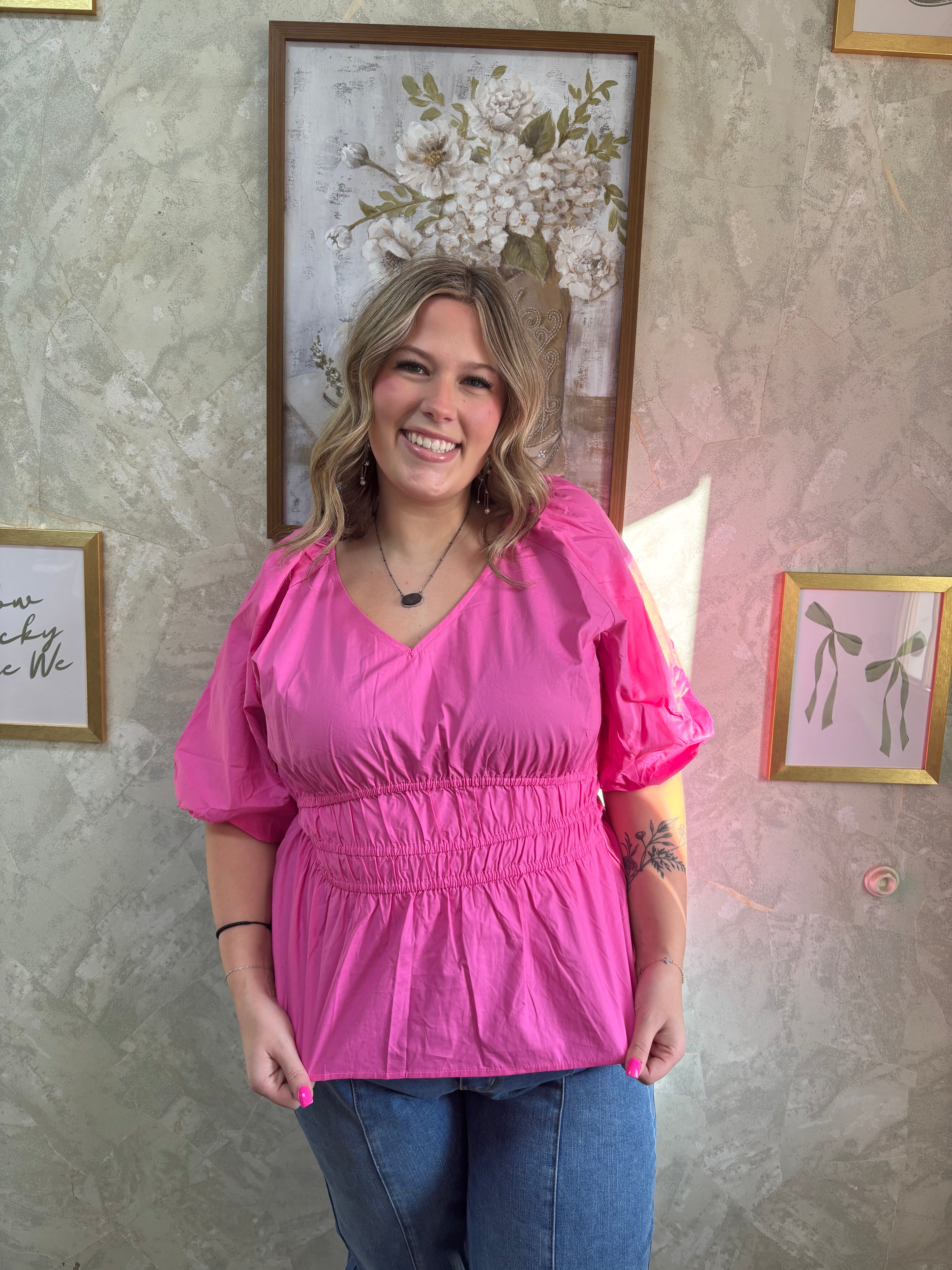 Half Bubble Sleeve V-Neck Top