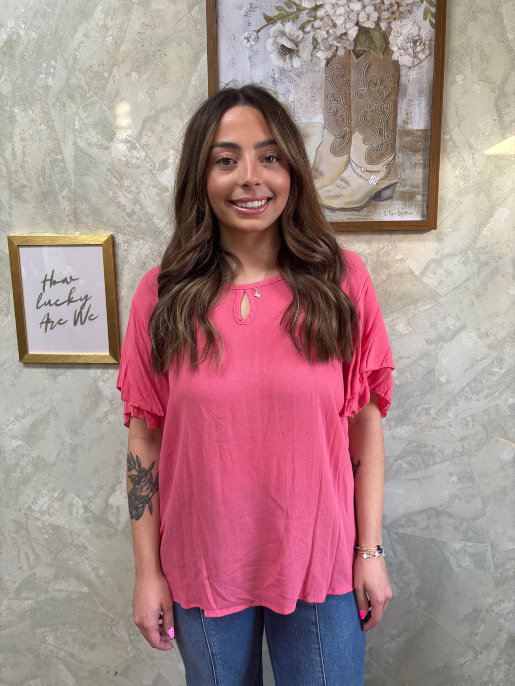 Solid Flutter Sleeve Keyhole Blouse