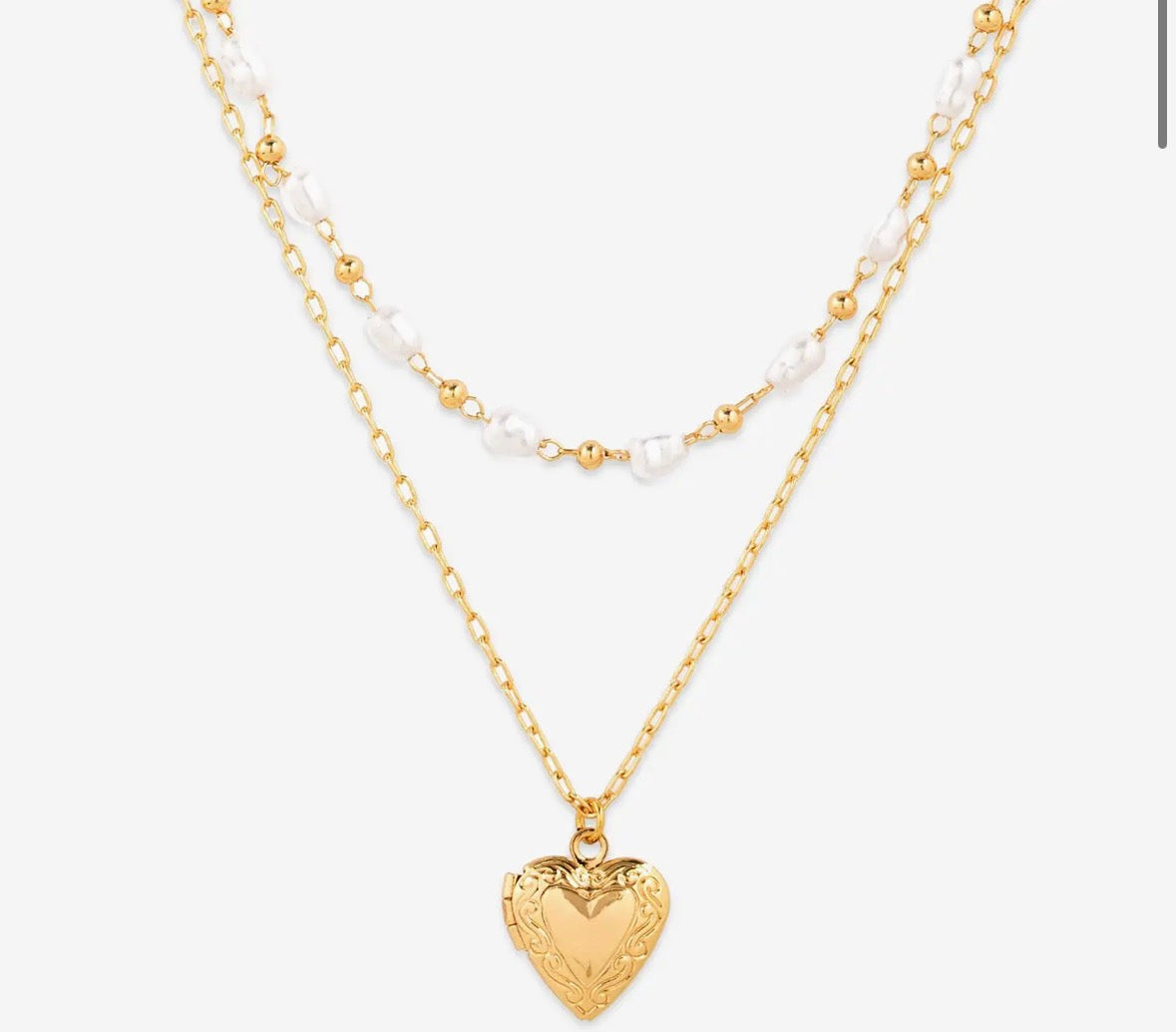 Vintage Heart Locket Peal Layered Necklace